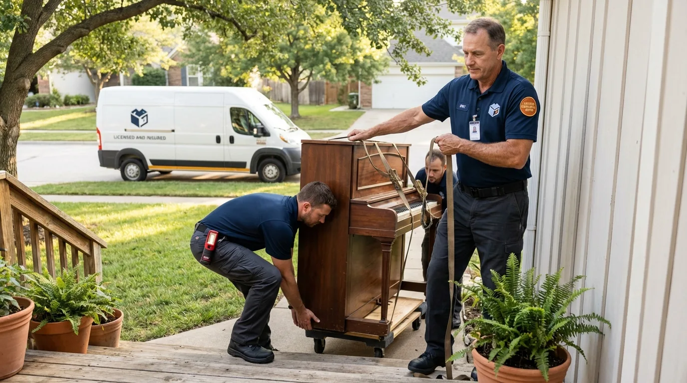 Licensed piano movers securing grand piano in Fowlerville, MI